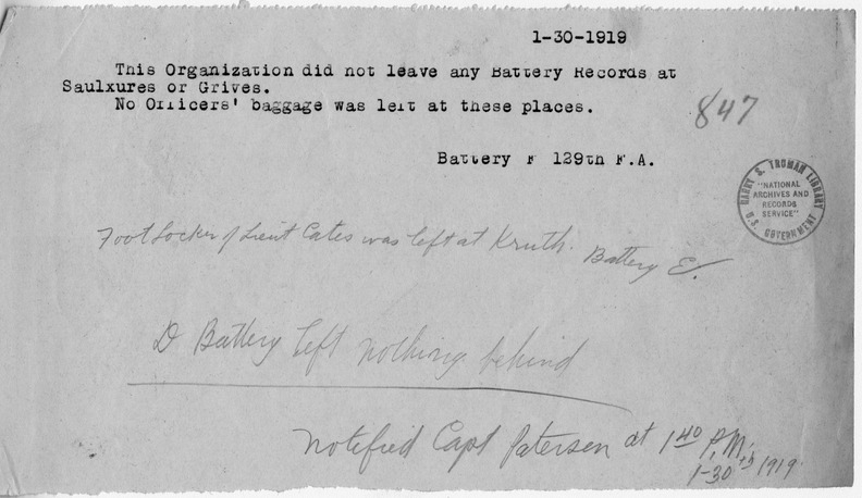 Memorandum from Batteries D, E, and F, 129th Field Artillery