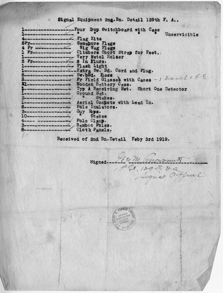Memorandum from First Lieutenant George Arrowsmith, Signal Equipment, Second Battalion Detail, 129th Field Artillery