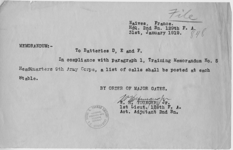 Memorandum from First Lieutenant W. H. Younger, Jr.