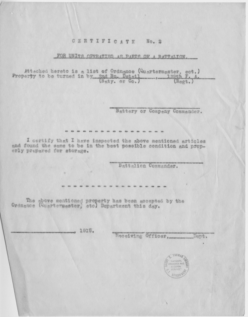 List of Ordnance Property of Second Battalion, Headquarters Detail, 129th Field Artillery