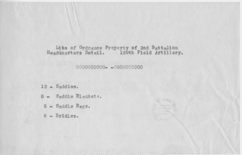 List of Ordnance Property of Second Battalion, Headquarters Detail, 129th Field Artillery