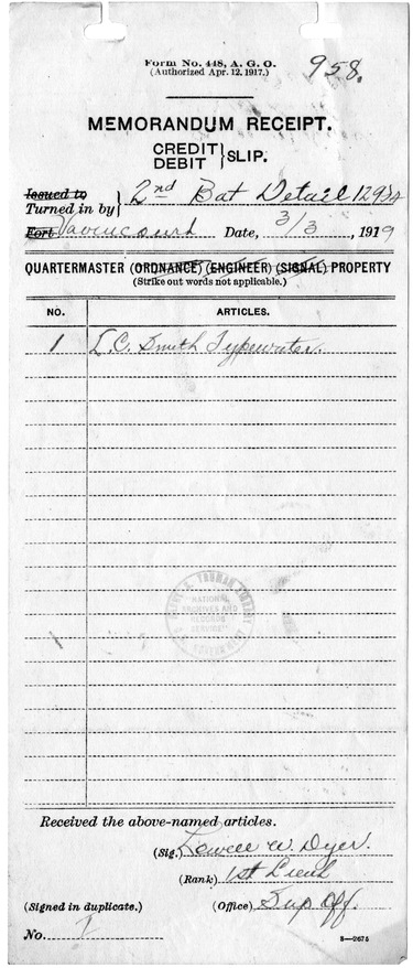 Memorandum Receipt, Quartermaster Property, First Lieutenant Lowell W. Dyer