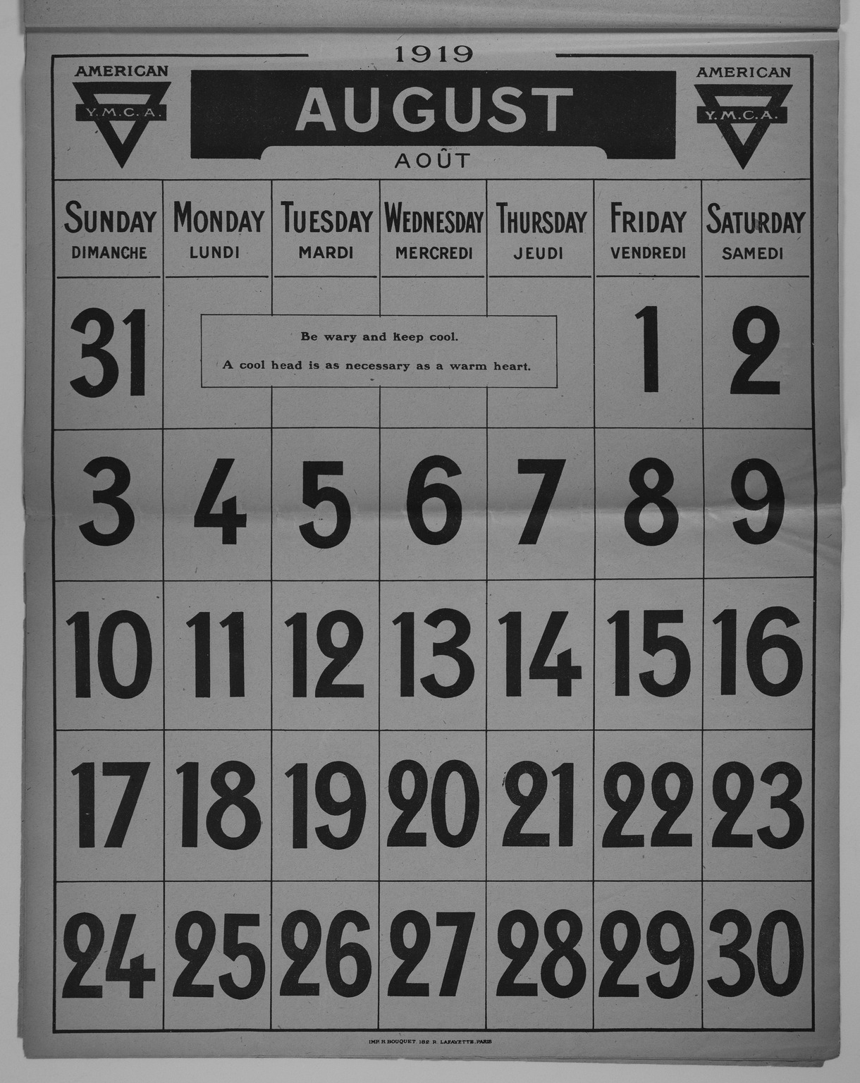 1919 Calendar from the YMCA [Young Men's Christian Association]