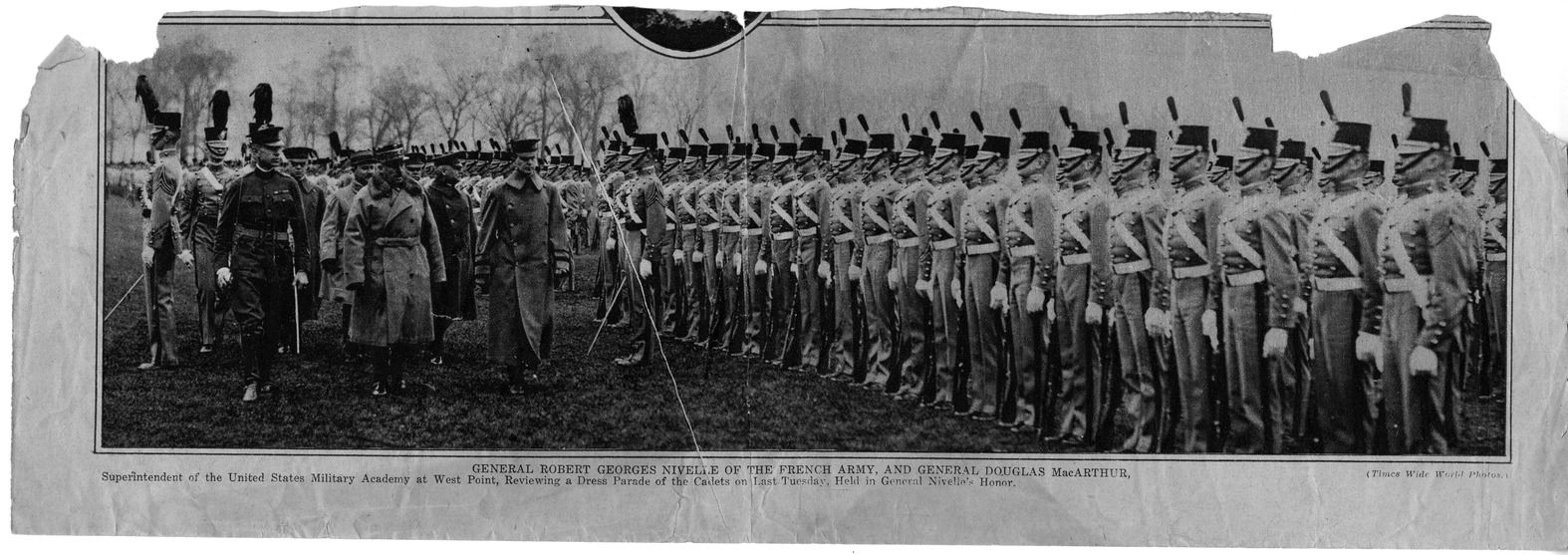 Newspaper Clipping, General Robert Georges Nivelle of the French Army and General Douglas MacArthur Review Troops