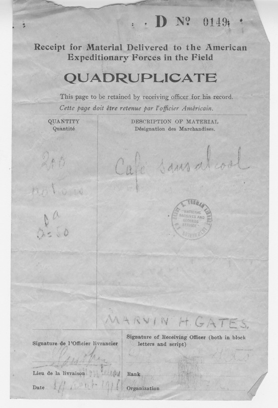 Receipt For Material Delivered To the American Expeditionary Forces In the Field, Signed by Major Marvin Gates