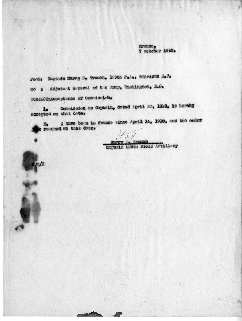 Memorandum From Harry S. Truman to the Adjutant General, United States Army