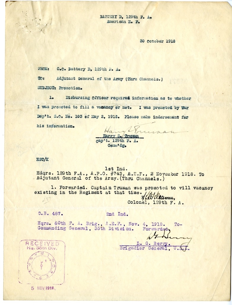Letter from Captain Harry S. Truman to the Adjutant General of the Army, with Indorsements