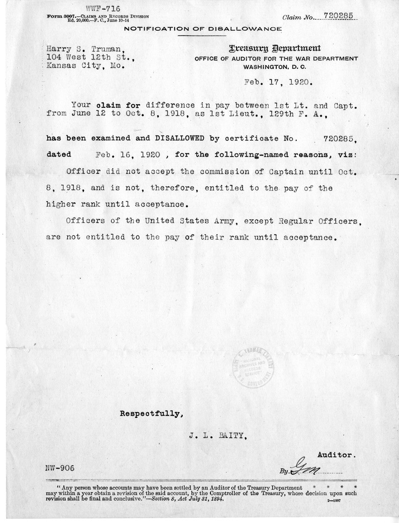 Letter from J. L. Baity to Harry S. Truman