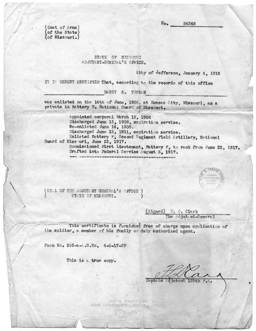 Copy of Enlistment Certificate for Harry S. Truman
