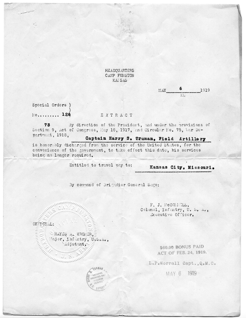 Special Orders Number 126 Extract from Colonel F. J. McConnell