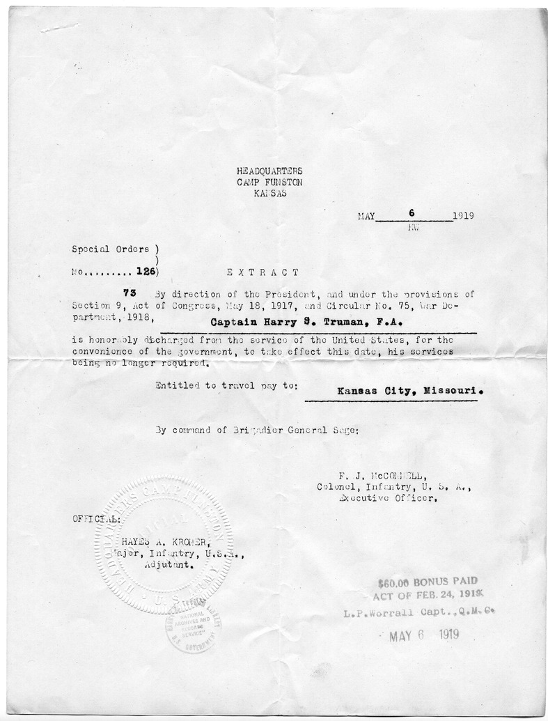 Special Orders Number 126 Extract from Colonel F. J. McConnell