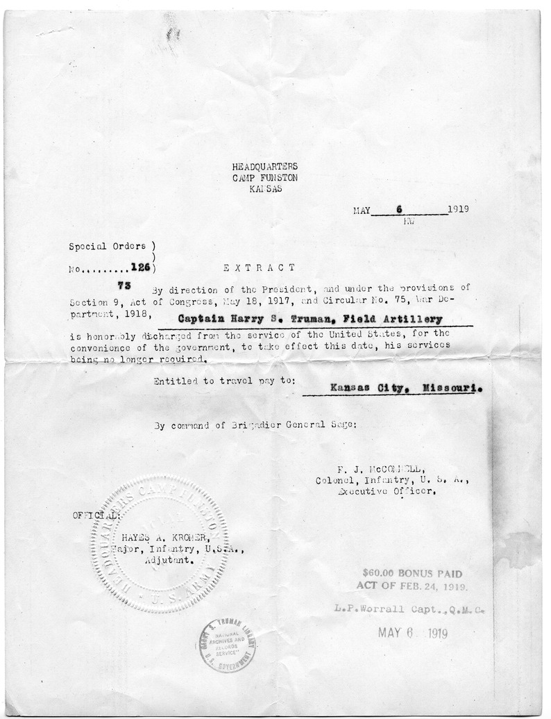 Special Orders Number 126 Extract from Colonel F. J. McConnell