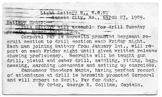 Battery Order, Light Battery B, Missouri National Guard from Captain George R. Collins