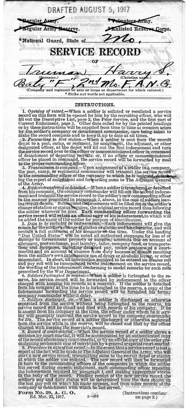 Service Record for Harry S. Truman