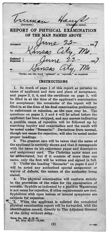 Report Of Physical Examination for Harry S. Truman