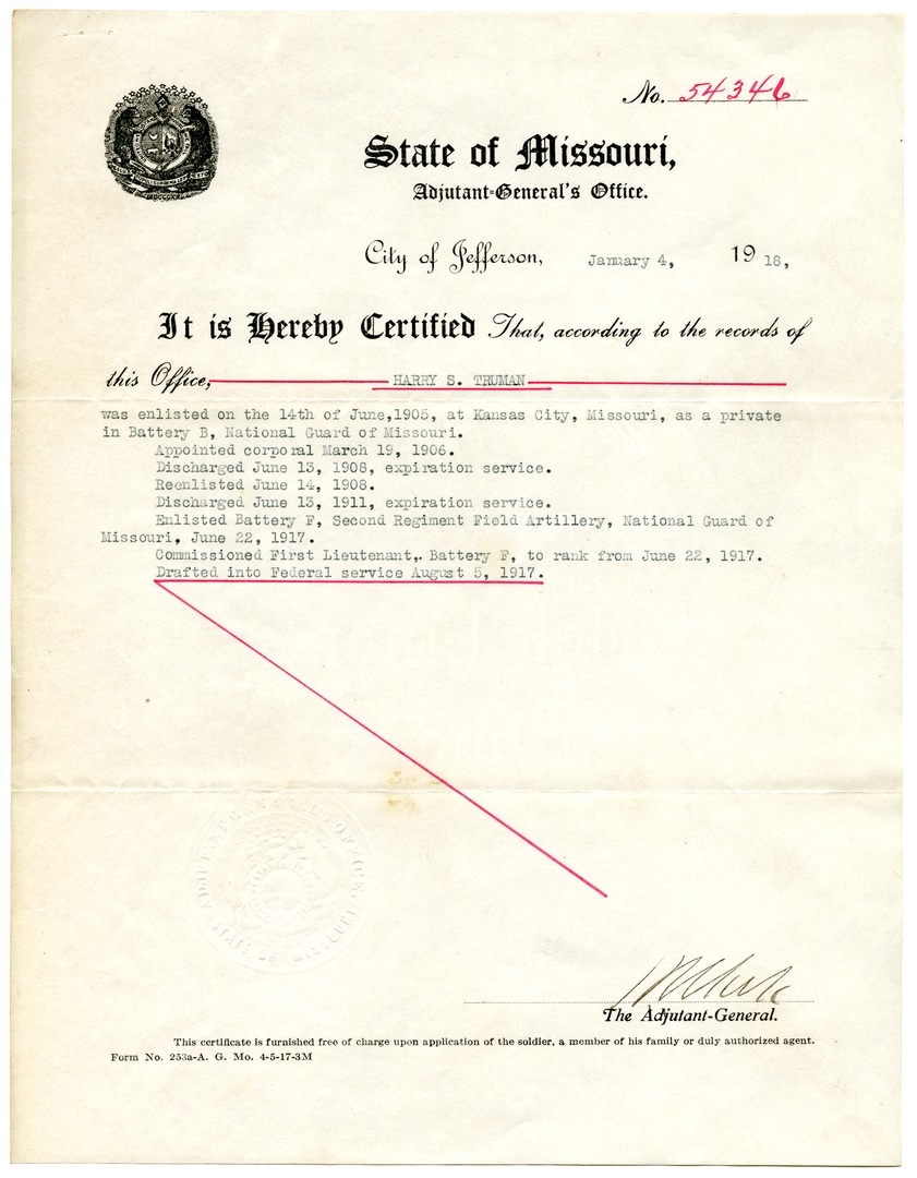 Certificate Of Enlistment for Harry S. Truman