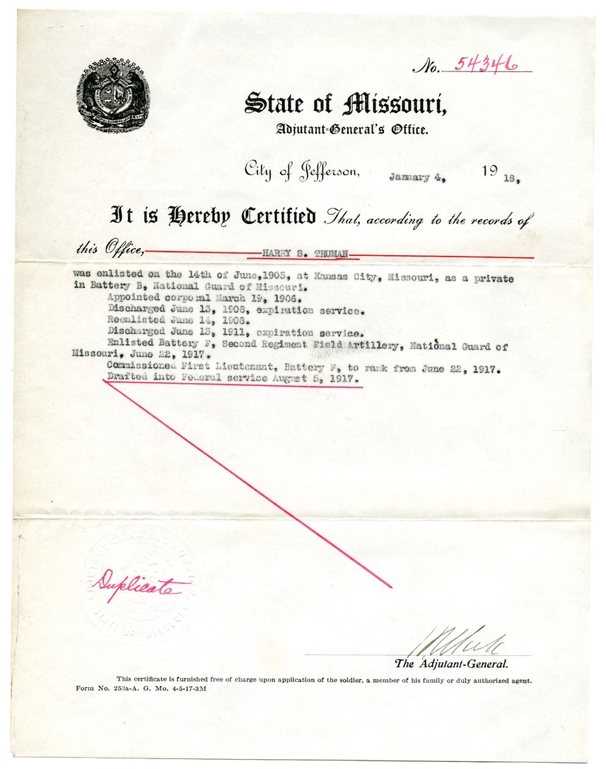 Certificate Of Enlistment for Harry S. Truman