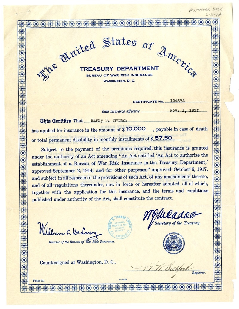 Certificate for War Risk Insurance for Harry S. Truman, Bureau of War Risk Insurance, Treasury Department