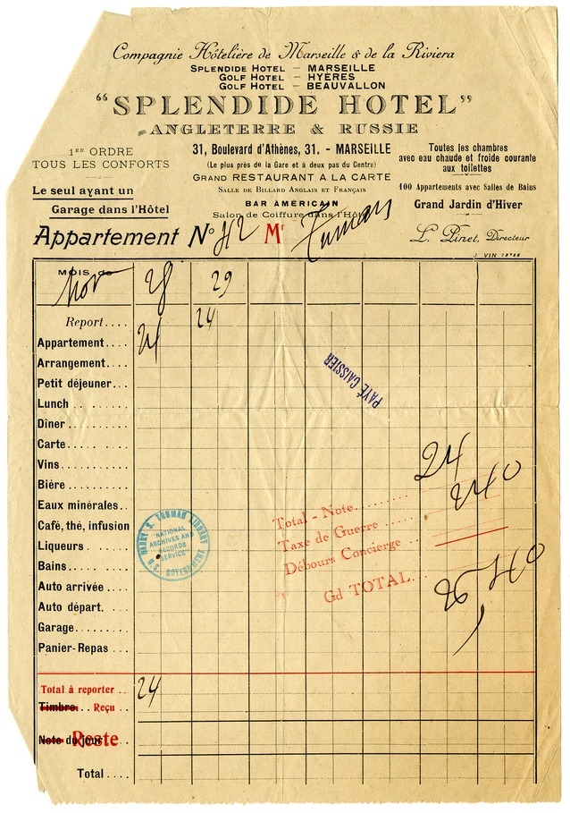 Receipt for the Splendide Hotel, Marseille, France