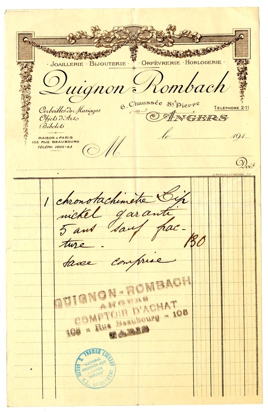 Receipt From Quignon-Rombach Jewelry Store