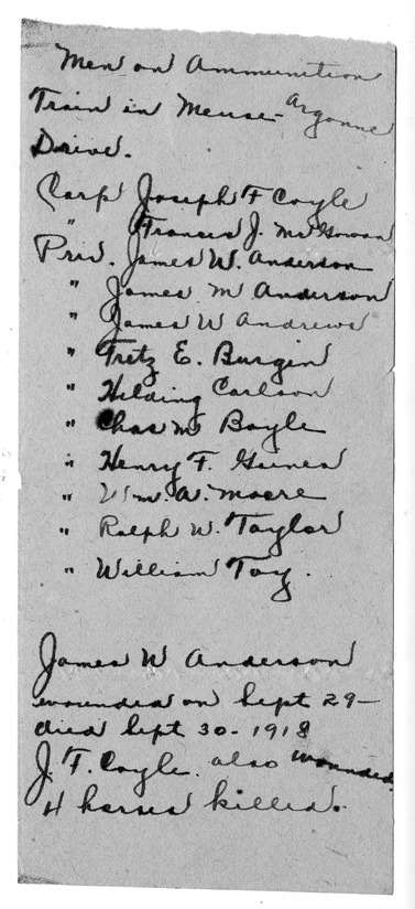 Handwritten Note, Men and Ammunition Trains In Meuse-Argonne Drive
