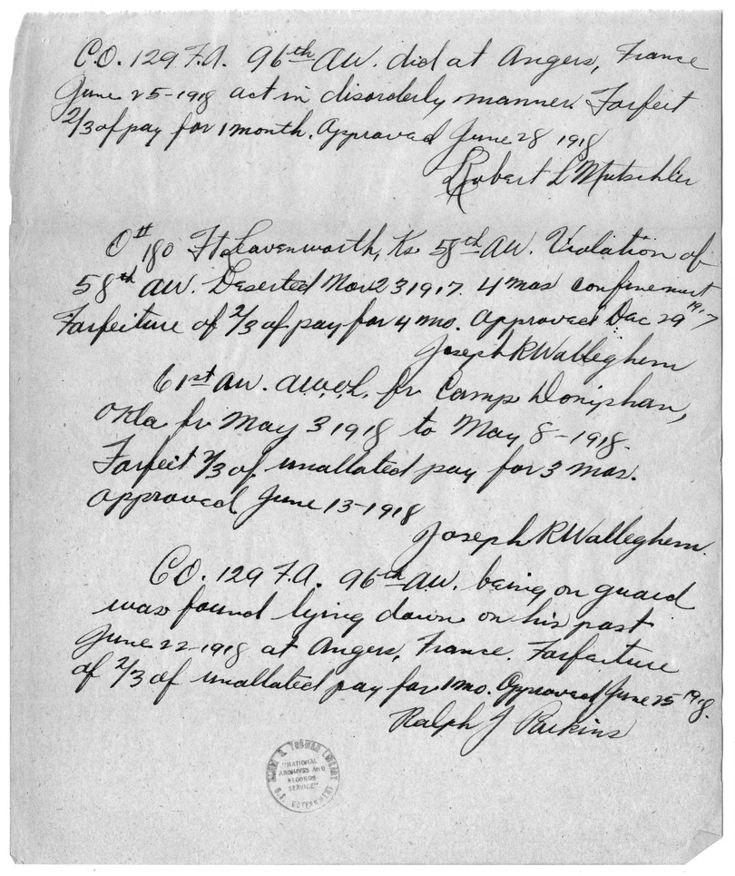Log of Infractions of Soldiers, 129th Field Artillery
