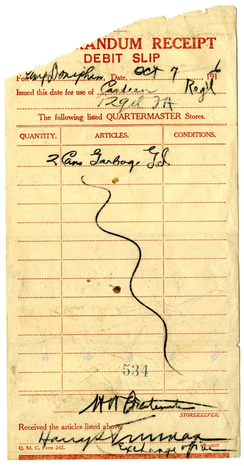 Memorandum Receipt [Found in U.S. Army Correspondence Tablet]