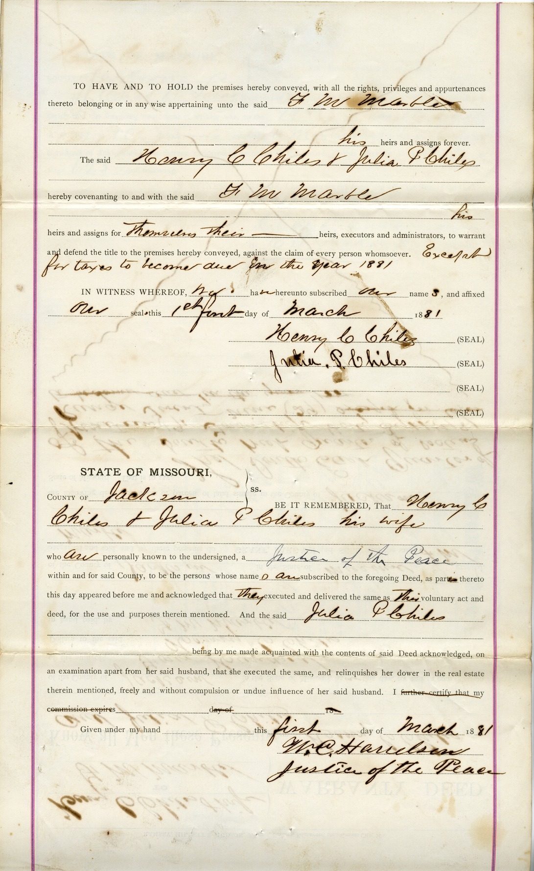 Warranty Deed from Henry C. Chiles and Julia P. Chiles to F. M. Marble