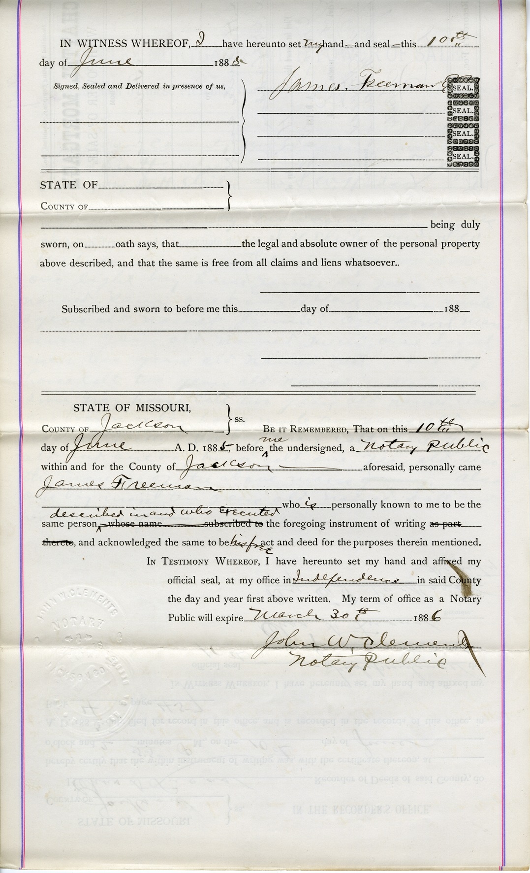 Chattel Mortgage from James Freeman to S. H. Chiles and S. W. Hudson