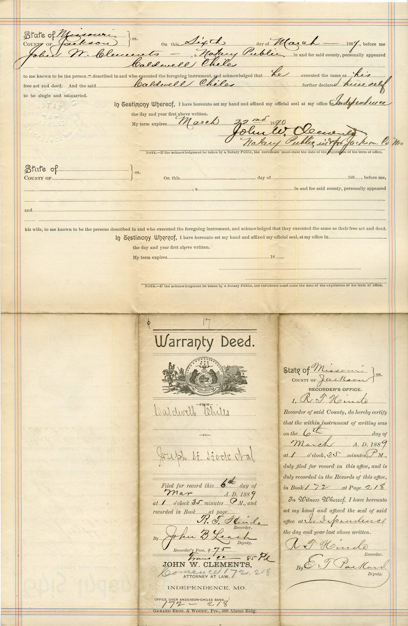 Warranty Deed from Caldwell Chiles to Joseph H. Hock and Charles C. Hock