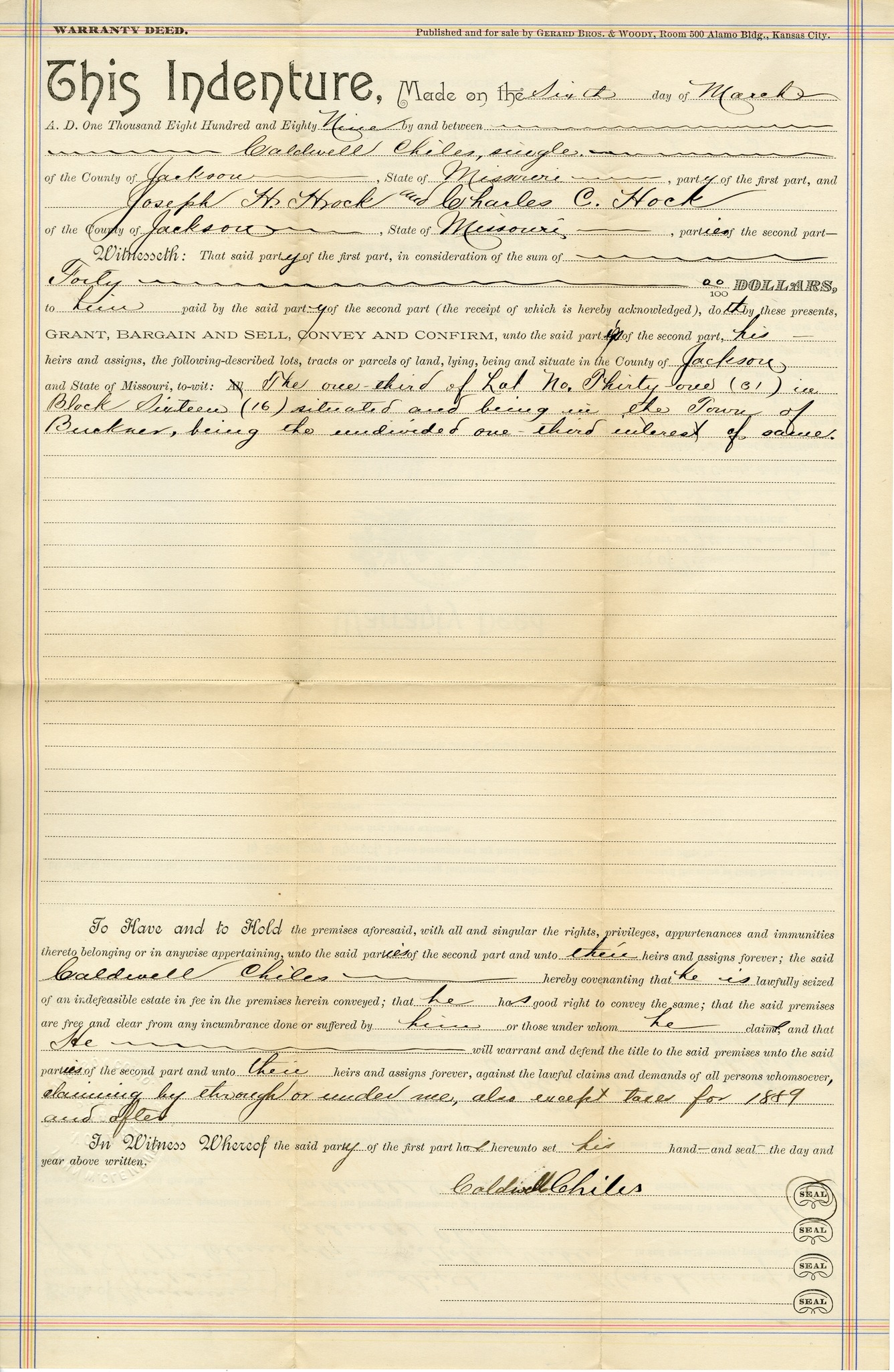 Warranty Deed from Caldwell Chiles to Joseph H. Hock and Charles C. Hock