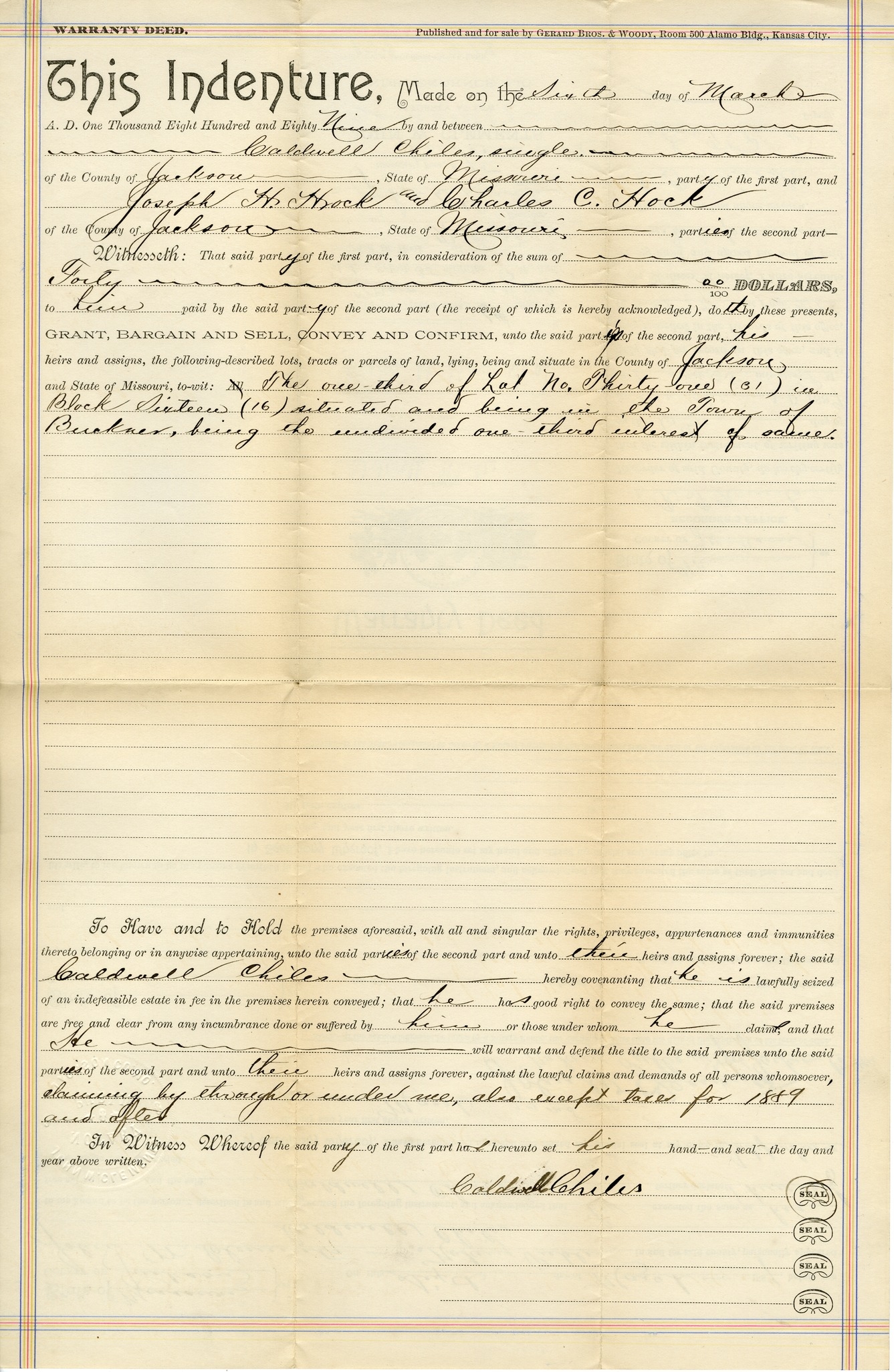 Warranty Deed from Caldwell Chiles to Joseph H. Hock and Charles C. Hock