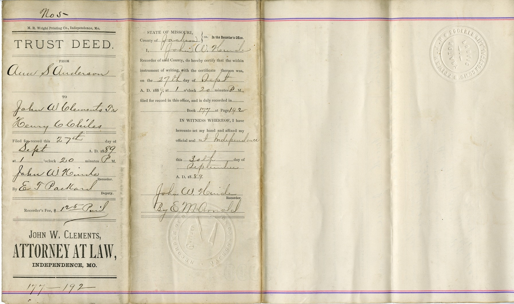 Trust Deed from Ann S. Anderson to John W. Clements and Henry C. Chiles