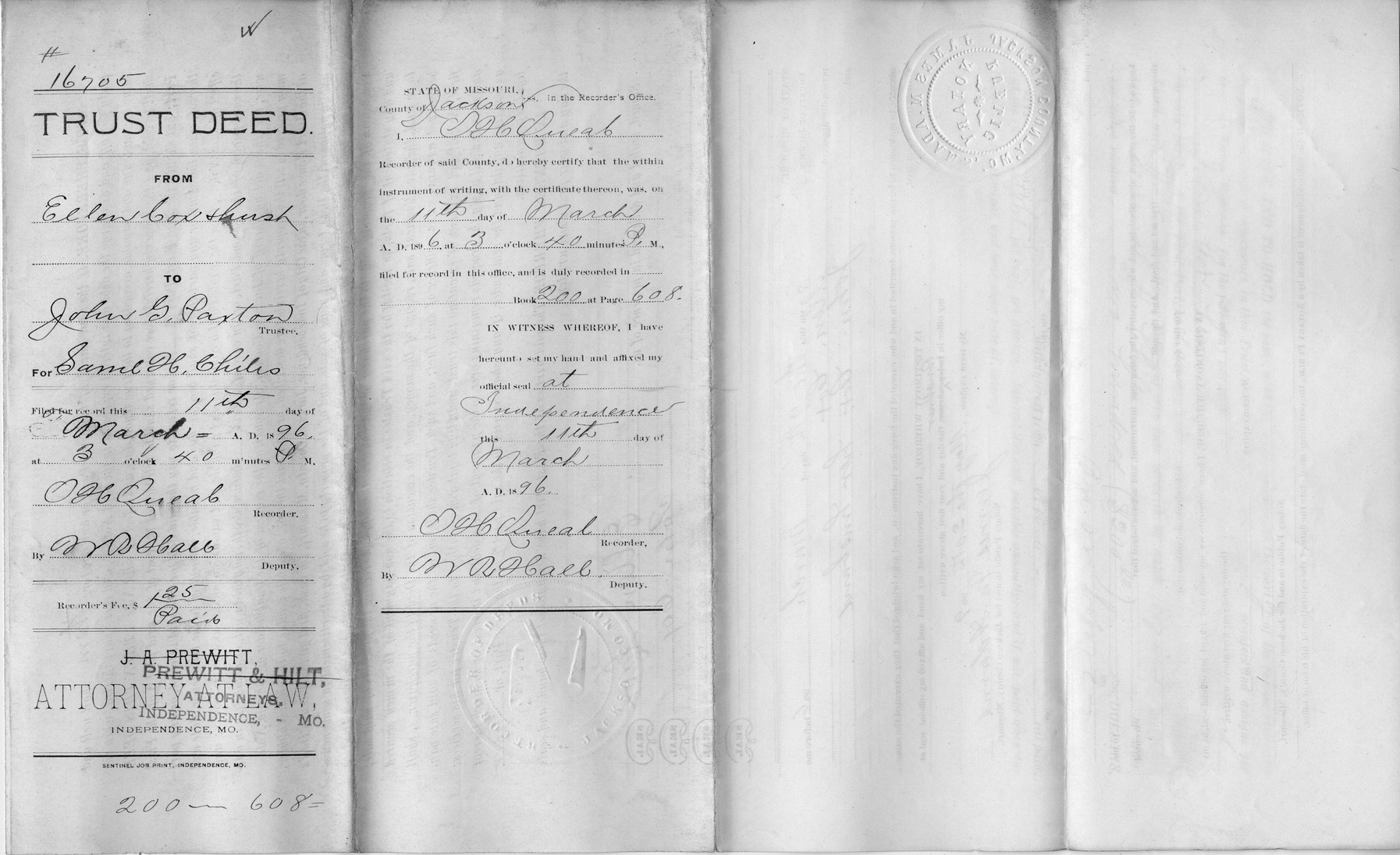 Trust Deed from Ellen Cox and John Cox to John G. Paxton and Samuel H. Chiles