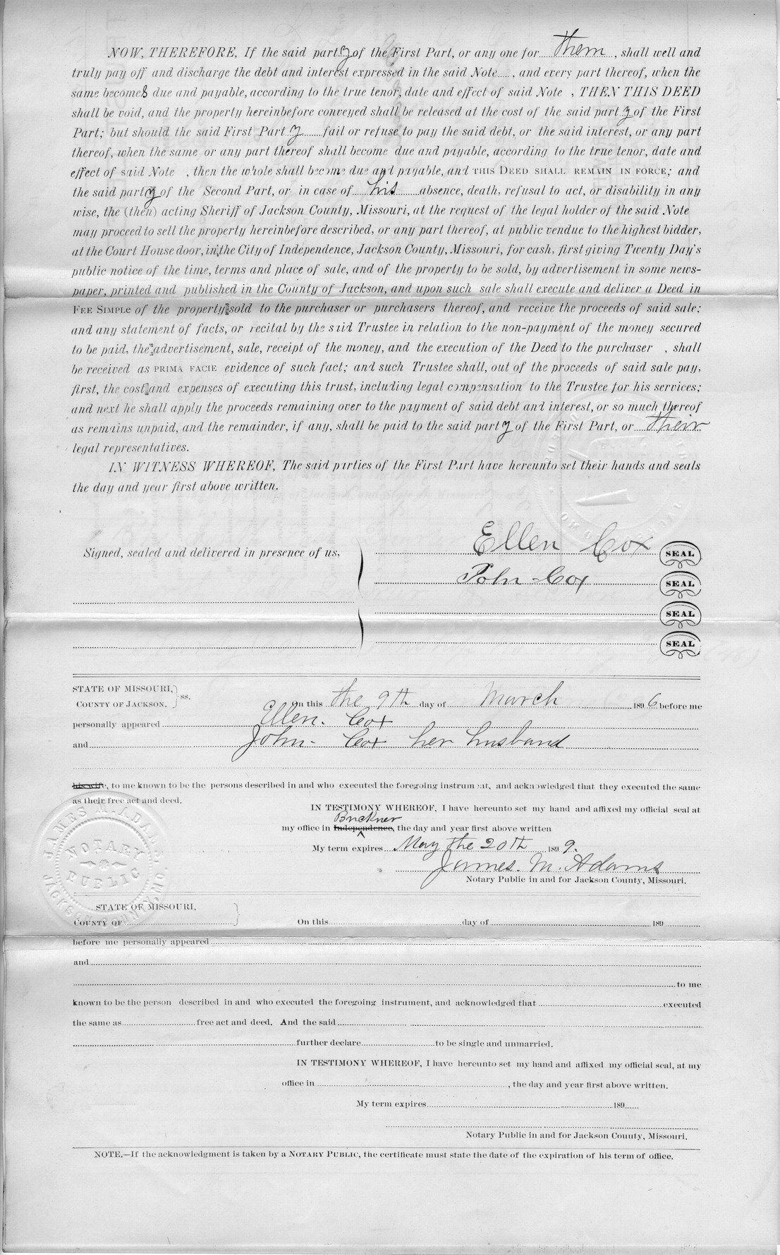 Trust Deed from Ellen Cox and John Cox to John G. Paxton and Samuel H. Chiles