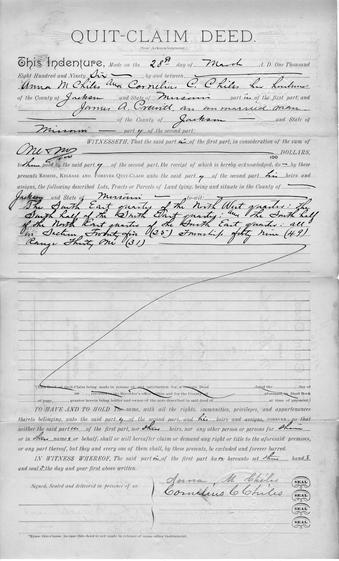 Quit-Claim Deed from Anna M. Chiles and Cornelius C. Chiles to James A. Powett