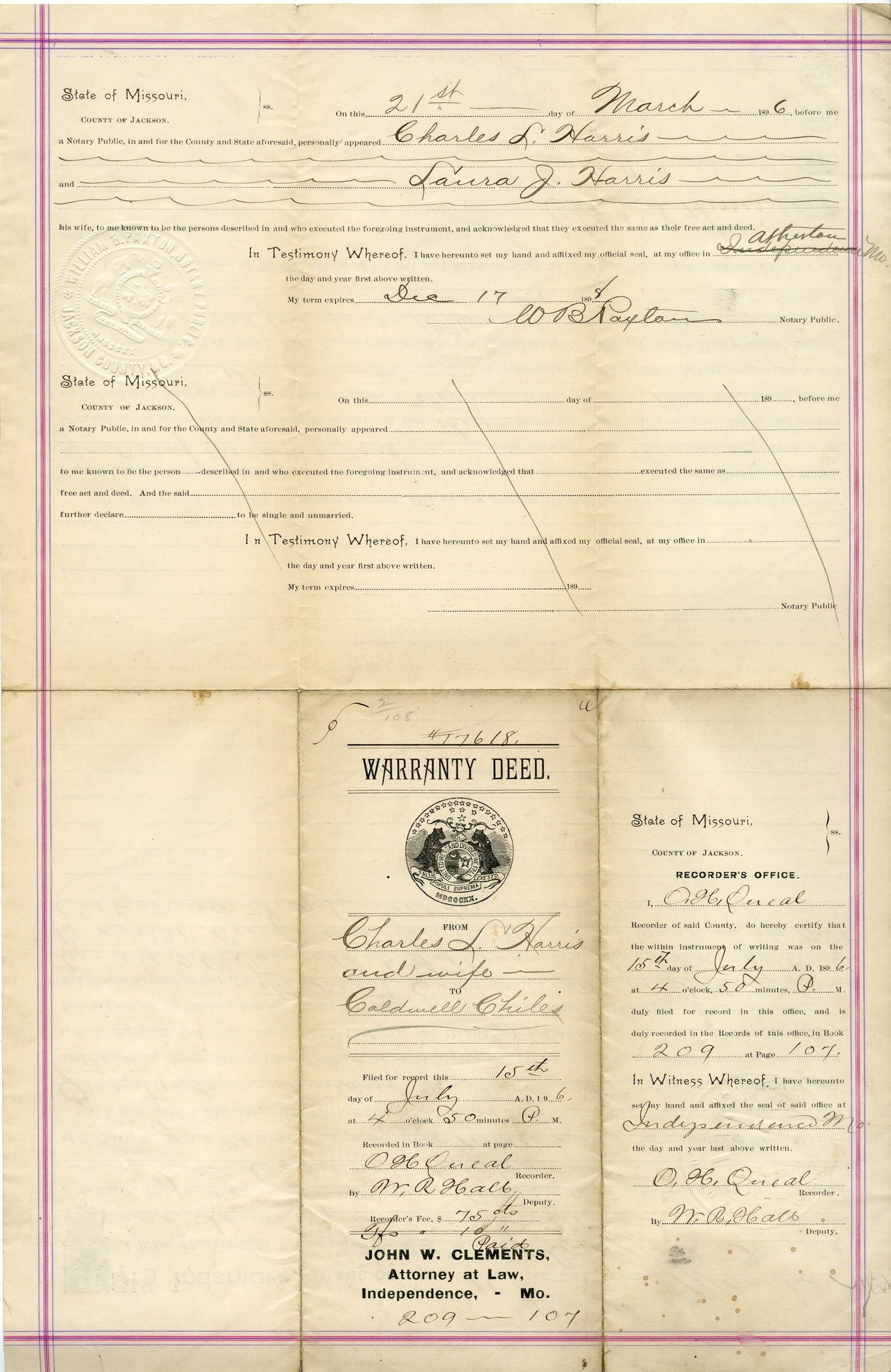 Warranty Deed from Charles L. Harris and Laura J. Harris to Caldwell Chiles