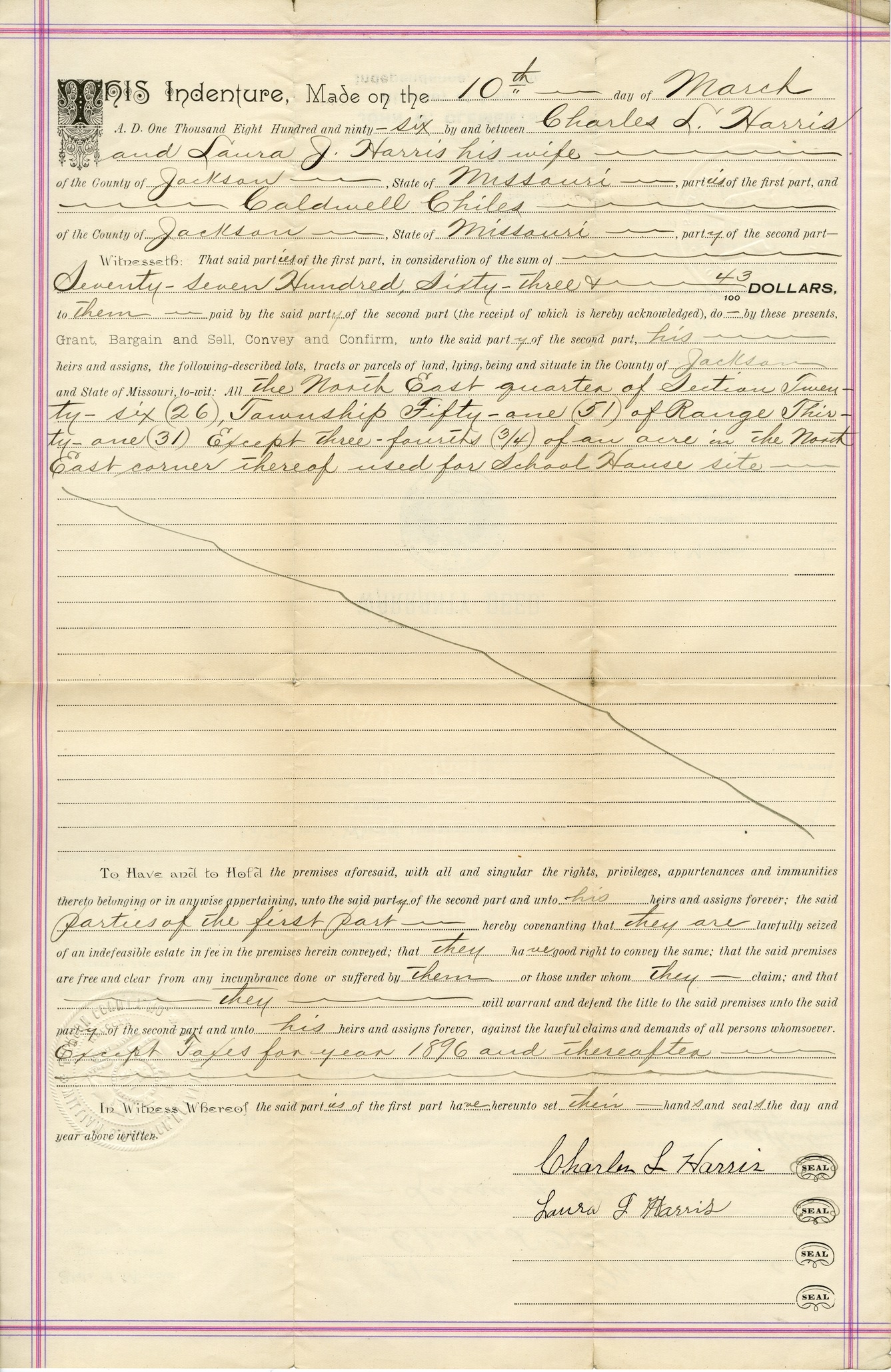 Warranty Deed from Charles L. Harris and Laura J. Harris to Caldwell Chiles