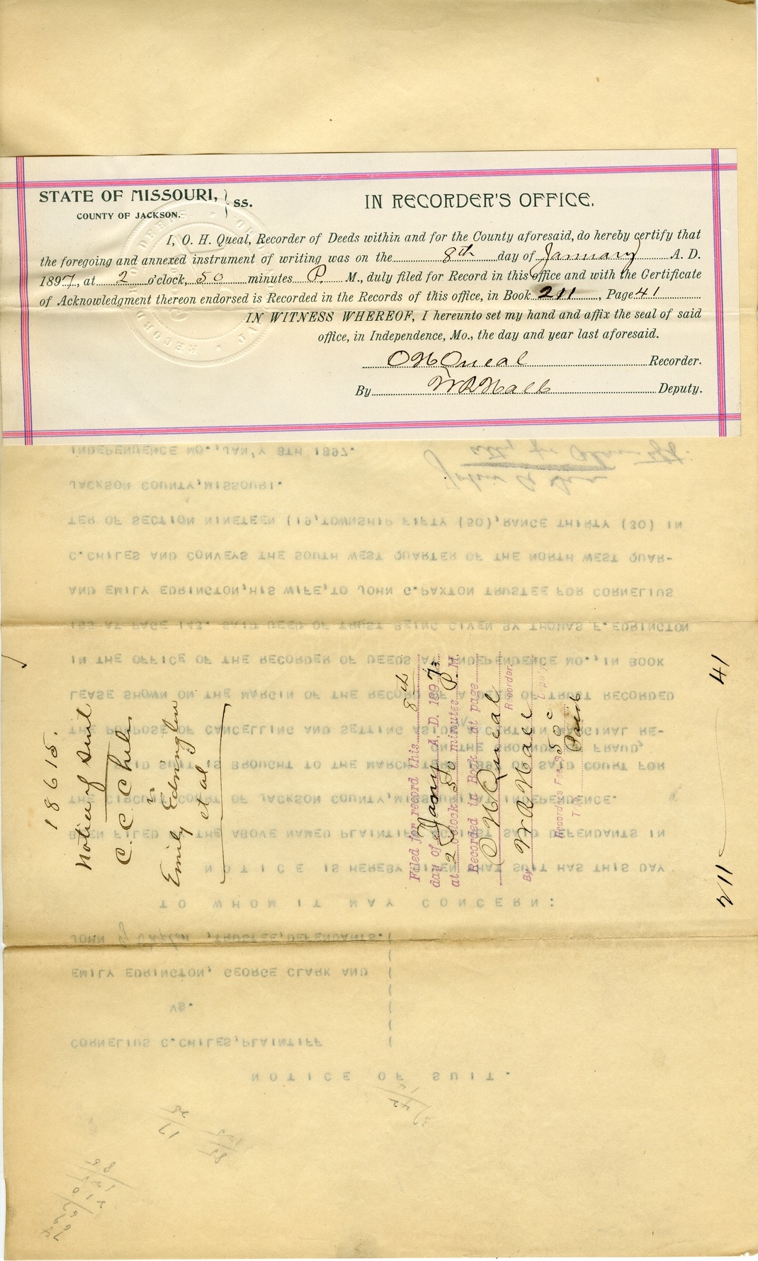 Notice of Suit Between Cornelius C. Chiles and Emily Edrington, George Clark, and John G. Paxton