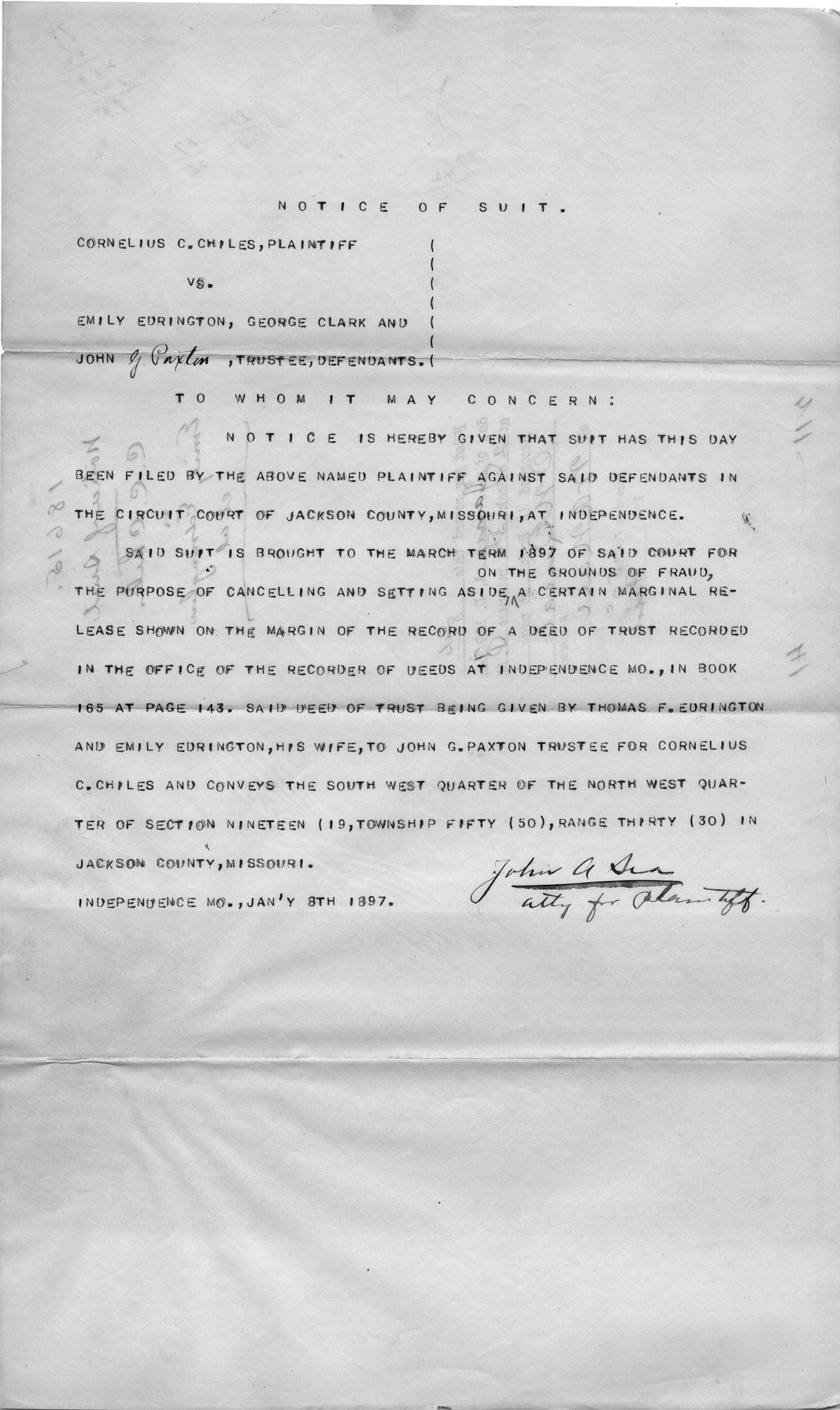 Notice of Suit Between Cornelius C. Chiles and Emily Edrington, George Clark, and John G. Paxton