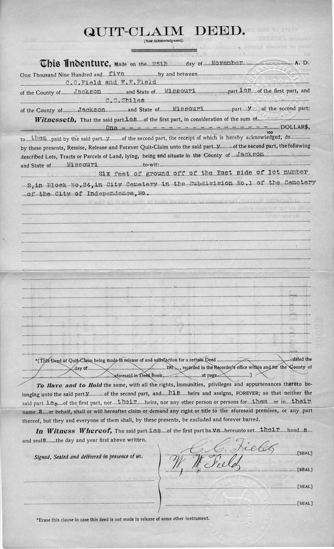 Quit-Claim Deed from C. C. Field and W. W. Field to C. C. Chiles