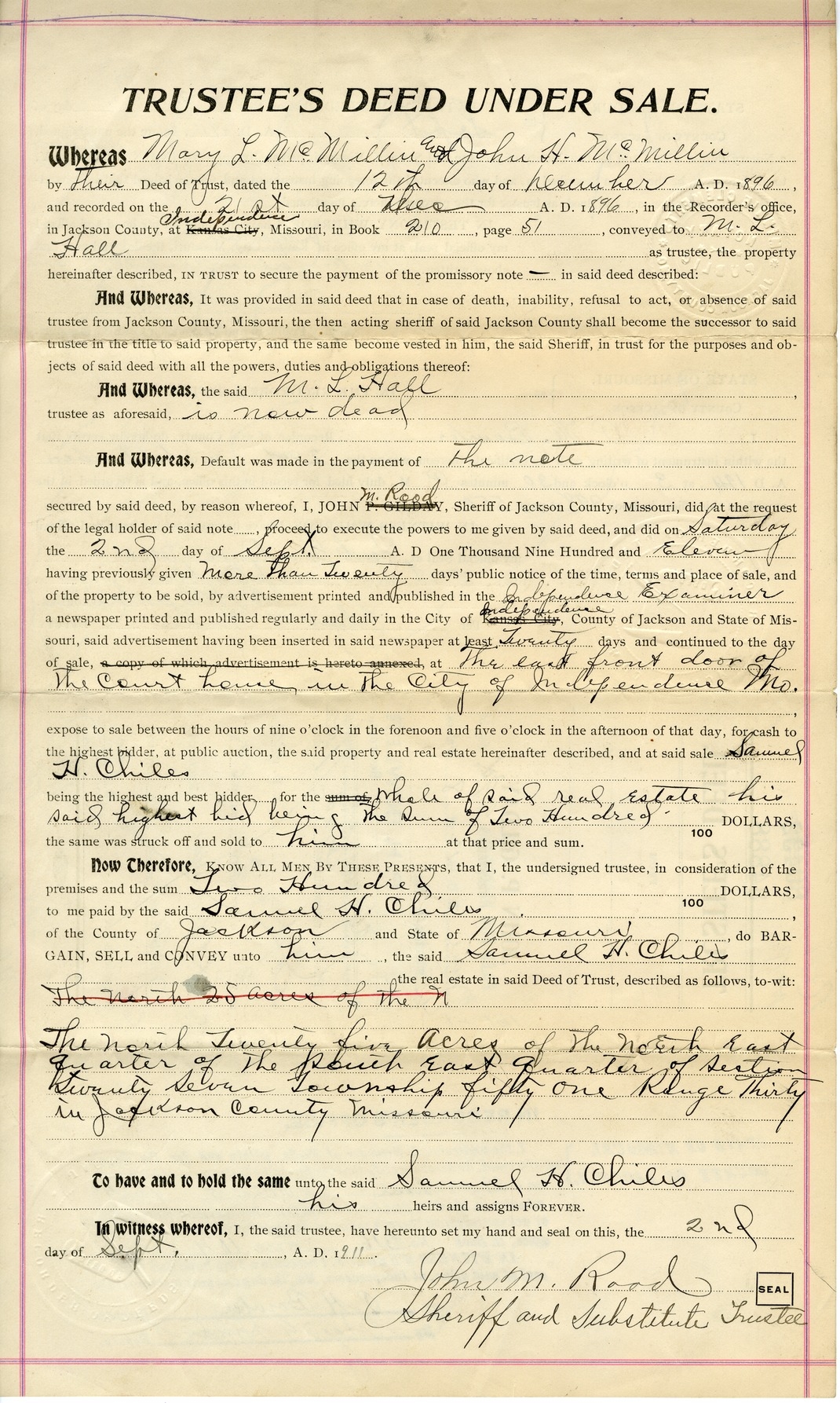 Trustees Deed from Mary L. McMillin and John H. McMillin to Samuel H. Chiles