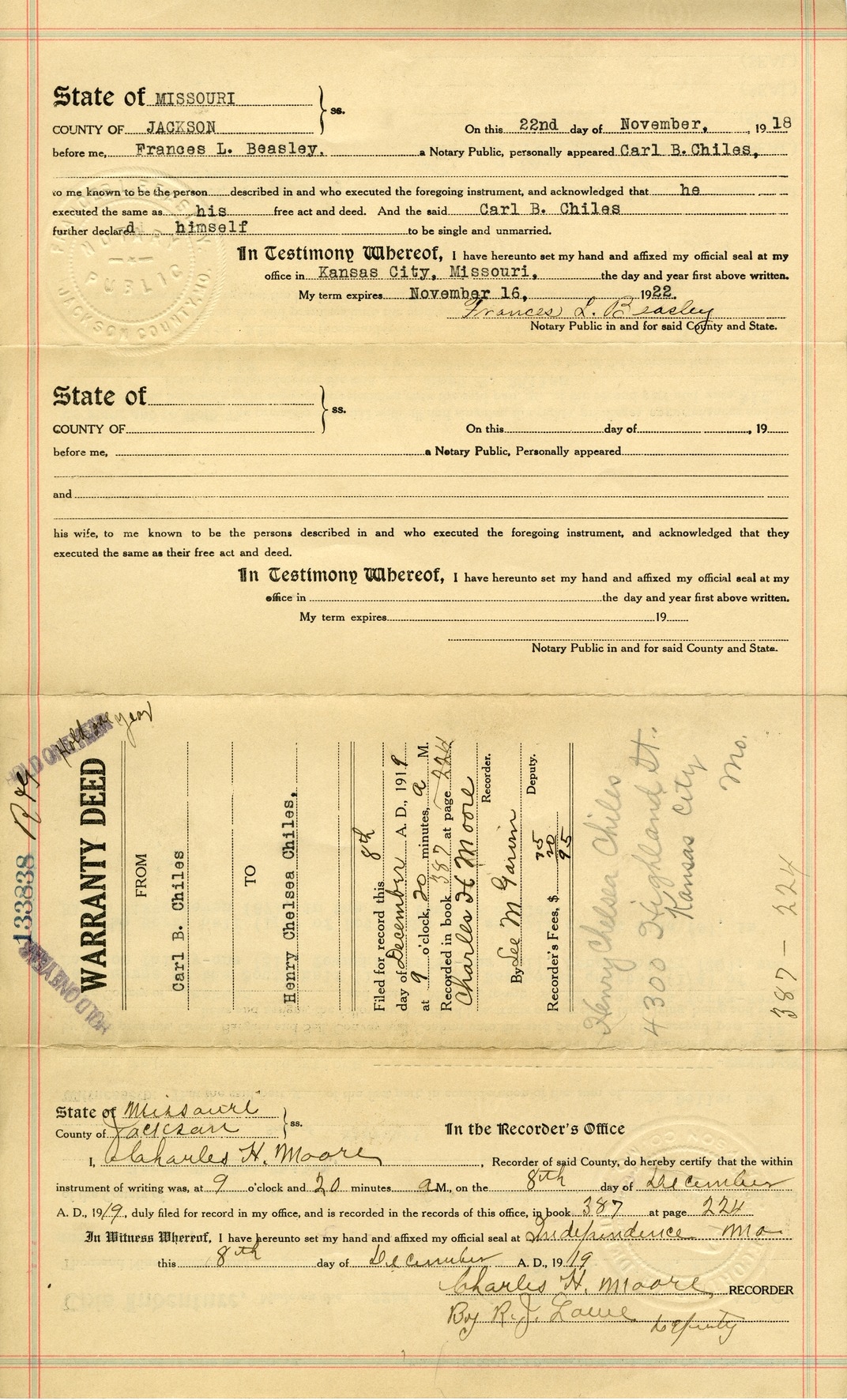 Warranty Deed from Carl B. Chiles to Henry Chelsea Chiles