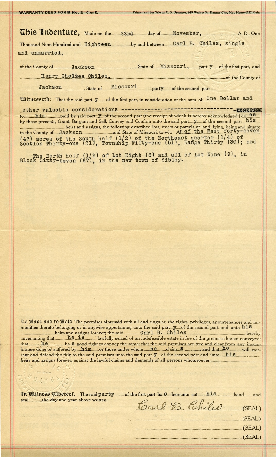 Warranty Deed from Carl B. Chiles to Henry Chelsea Chiles