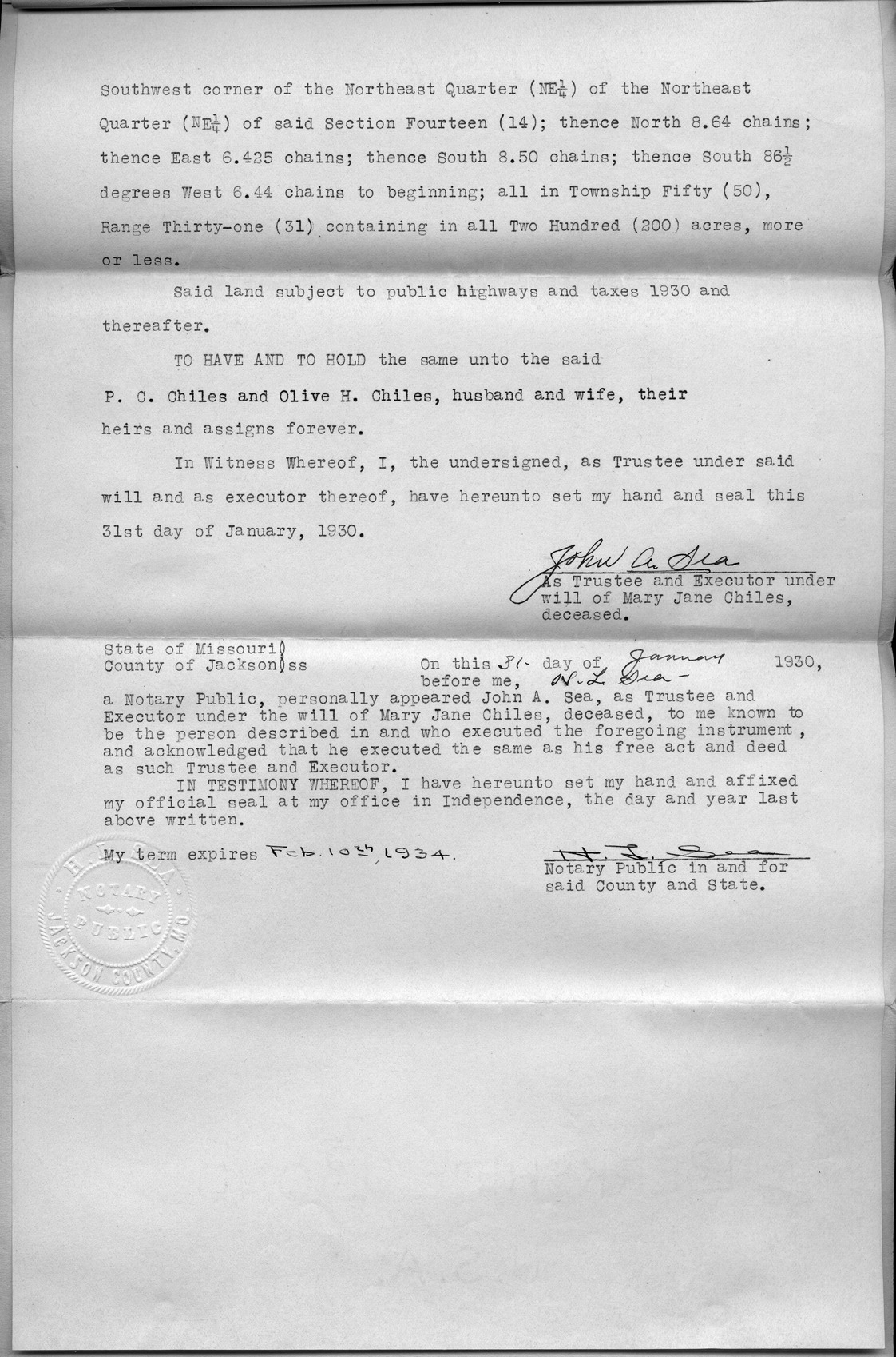 Executor's Deed of the Estate of Mary Jane Chiles to P. C. Chiles and Olive Chiles