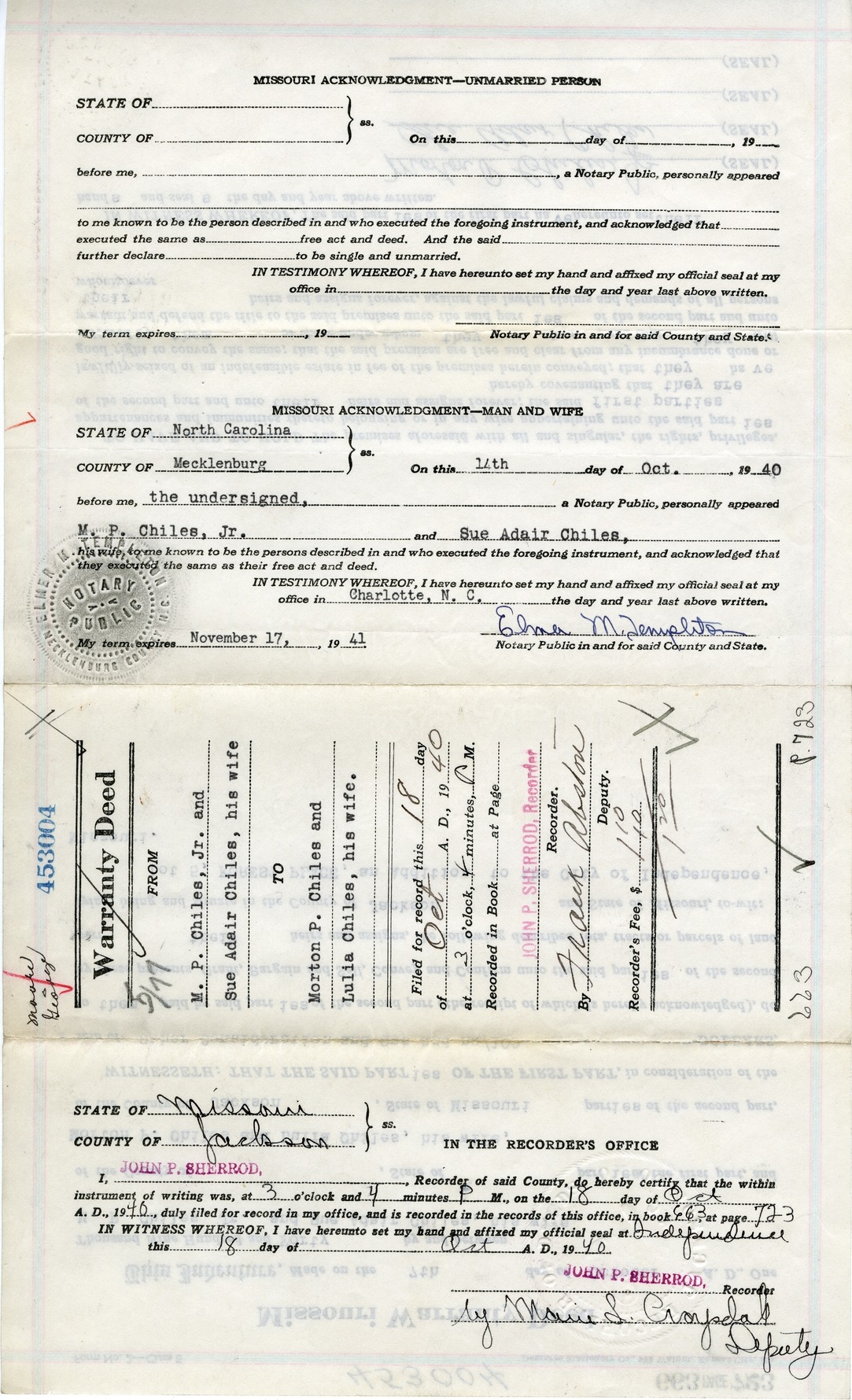 Warranty Deed from M. P. Chiles, Jr. and Sue Adair Chiles to Morton P. Chiles and Lulia Chiles