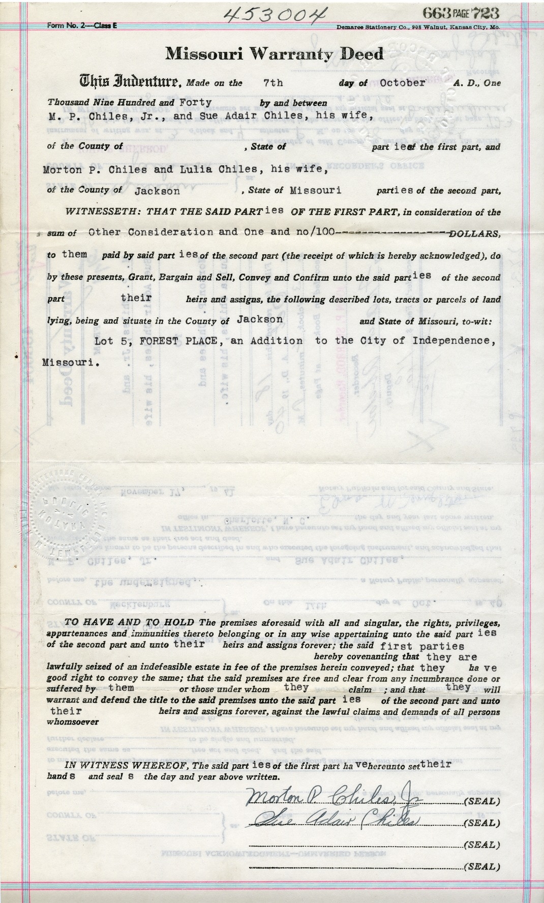 Warranty Deed from M. P. Chiles, Jr. and Sue Adair Chiles to Morton P. Chiles and Lulia Chiles