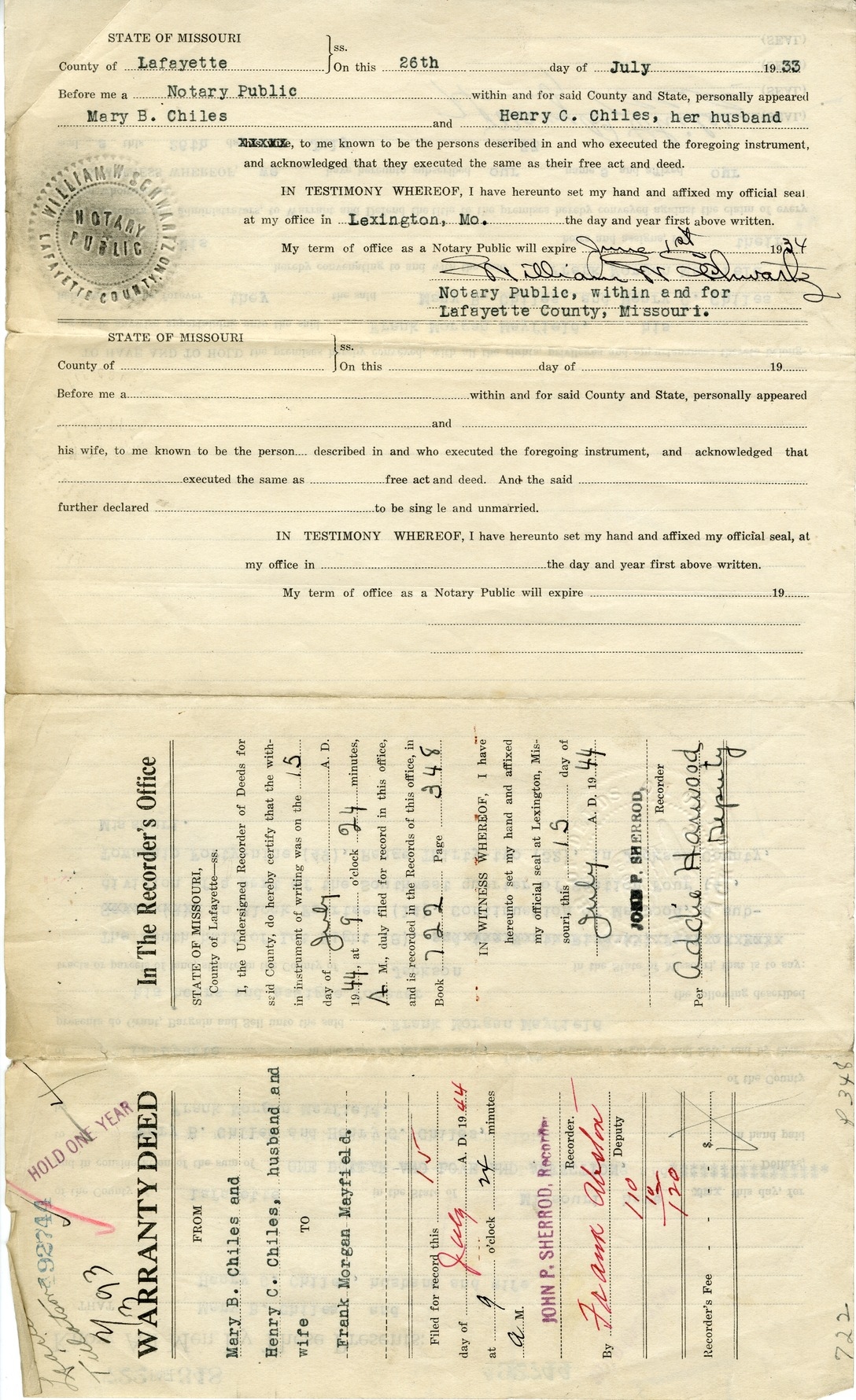 Warranty Deed from Mary B. Chiles and Henry C. Chiles to Frank Morgan Mayfield