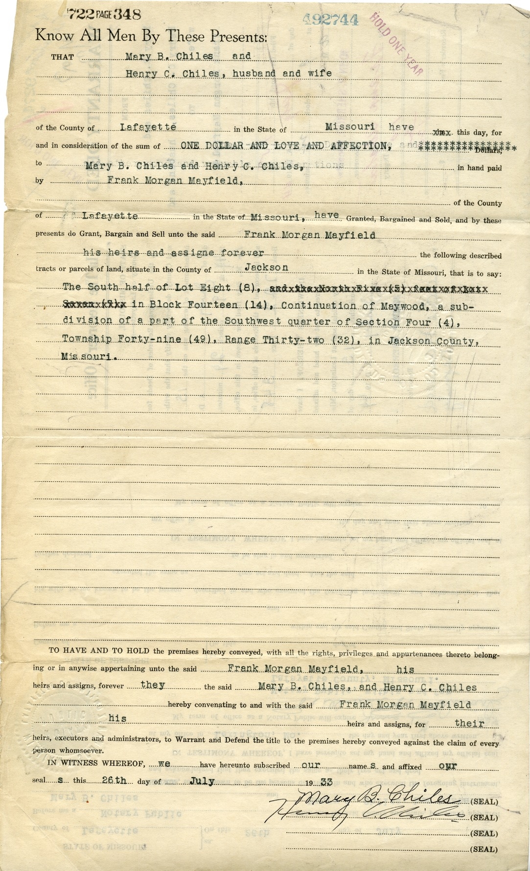 Warranty Deed from Mary B. Chiles and Henry C. Chiles to Frank Morgan Mayfield