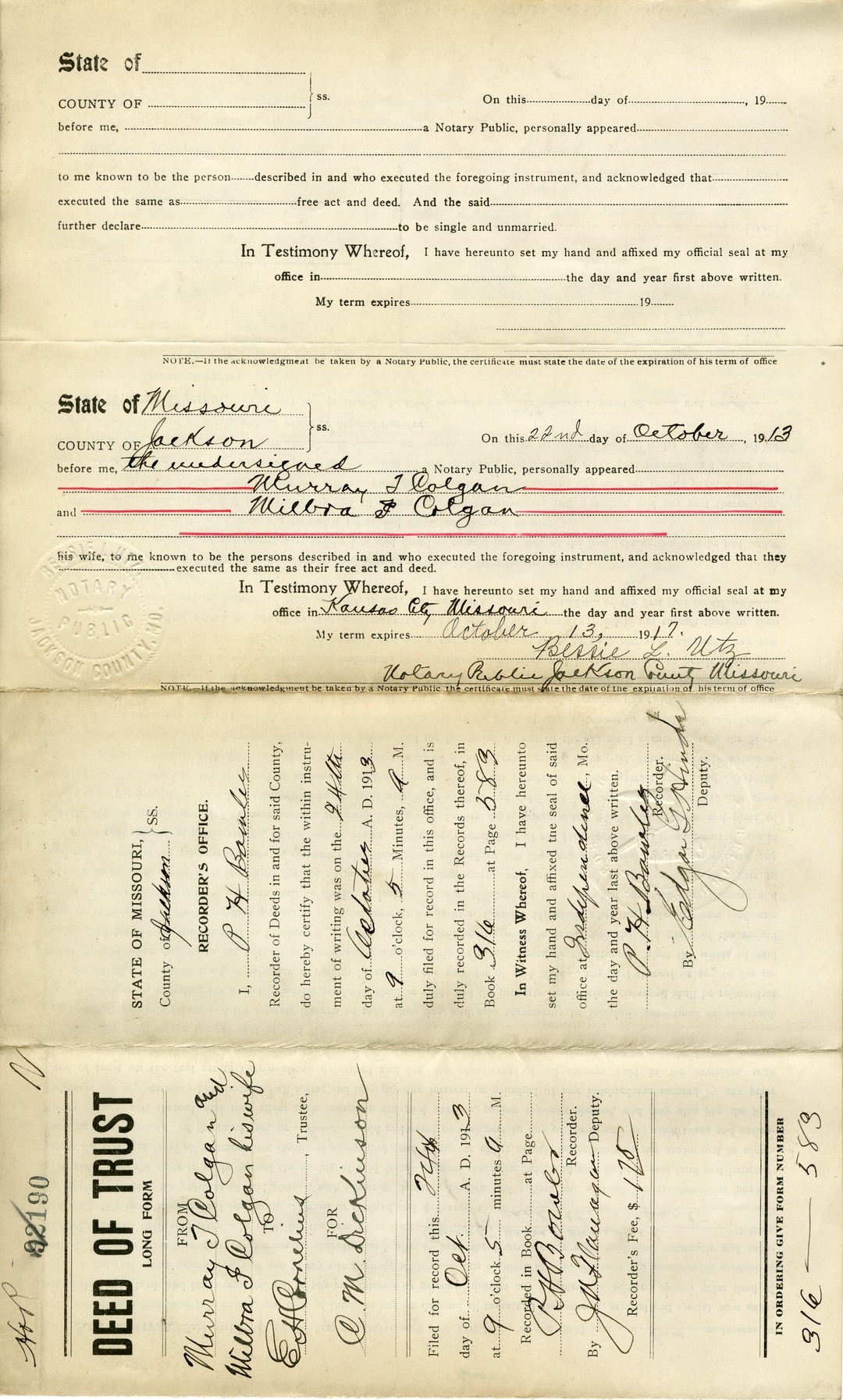 Deed of Trust from Murray T. Colgan and Milbra I. Colgan to E. H. Cornelius and C. M. Dickinson